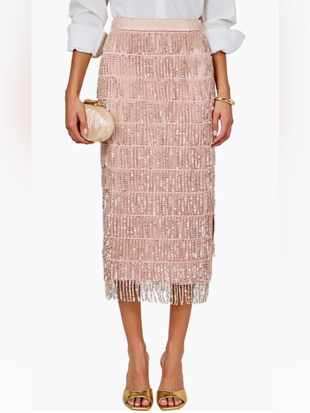 Endless Rose Sequin Fringe Midi Skirt in Blush Pink- NEW